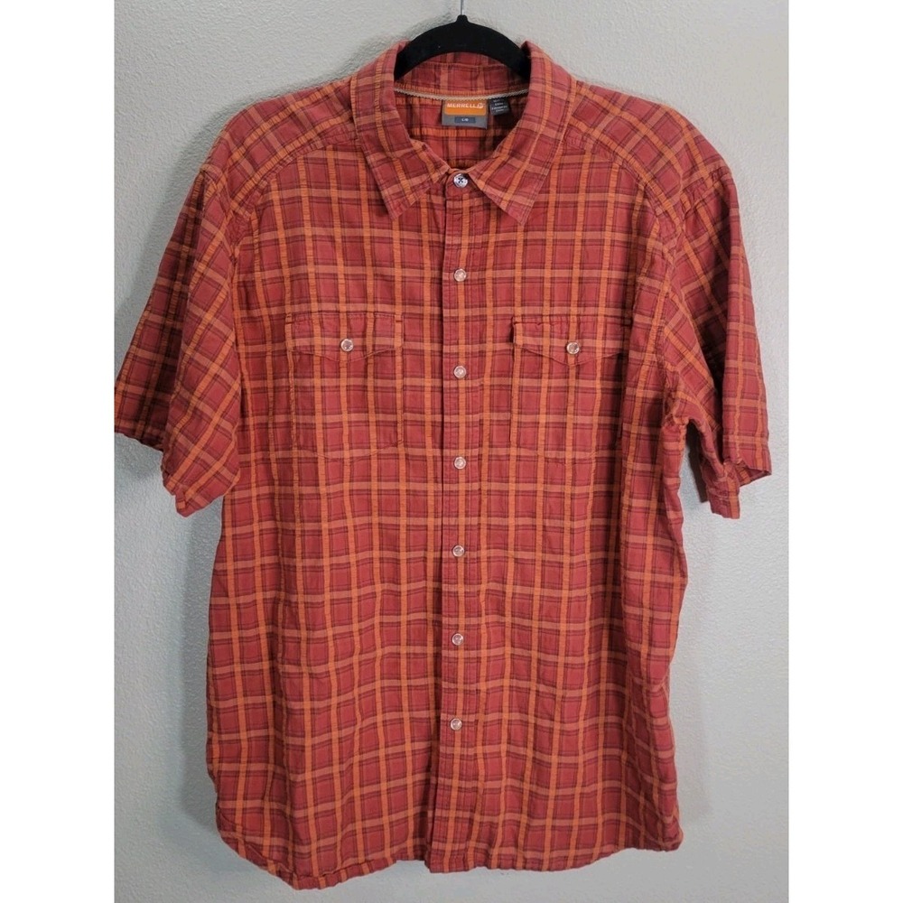 Merrell Plaid Short Sleeve Button Up Shirt Mens‎ Large Cotton Outdoor Hiking